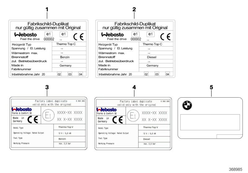 Picture board Labels independent heating for the BMW 5 Series models  Original BMW spare parts from the electronic parts catalog (ETK) for BMW motor vehicles (car)   Duplicate information label, diesel fuel, Duplicate information label, petrol, Duplicate 