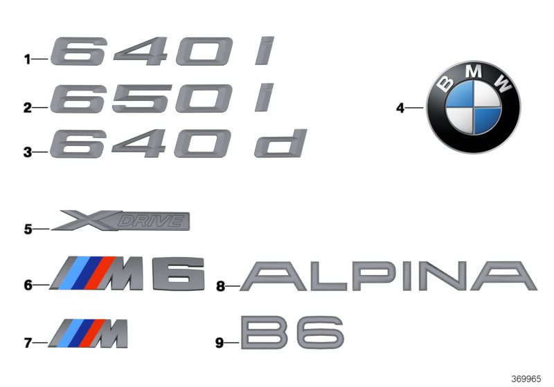 Picture board Emblems / letterings for the BMW 6 Series models  Original BMW spare parts from the electronic parts catalog (ETK) for BMW motor vehicles (car)   Emblem, Lettering, Plaque