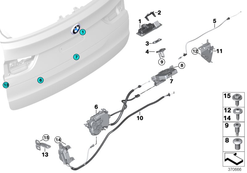 Picture board TRUNK LID/CLOSING SYSTEM for the BMW X Series models  Original BMW spare parts from the electronic parts catalog (ETK) for BMW motor vehicles (car)   Boot lid/tailgate push-button, Bowden cable, trunk lid, Cover, rear view camera, Drive, loc