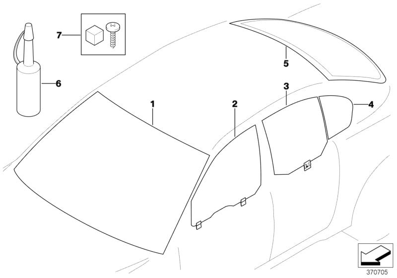 Bildtafel Verglasung für die BMW 5er Modelle  Original BMW Ersatzteile aus dem elektronischen Teilekatalog (ETK) für BMW Kraftfahrzeuge( Auto)    Frontscheibe heizbar, Heckscheibe heizbar schwarz, Primer, Satz Distanzgummis, Seitenscheibe festst. schwarz 