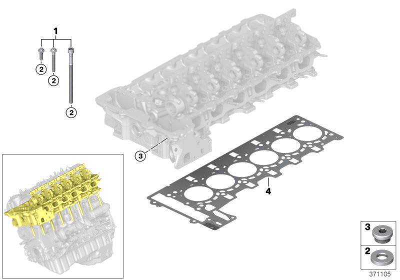 Picture board Cylinder head attached parts for the BMW 3 Series models  Original BMW spare parts from the electronic parts catalog (ETK) for BMW motor vehicles (car)   Cylinder head gasket asbestos-free, Screw plug with gasket ring, Set Bolt Cylinder Head