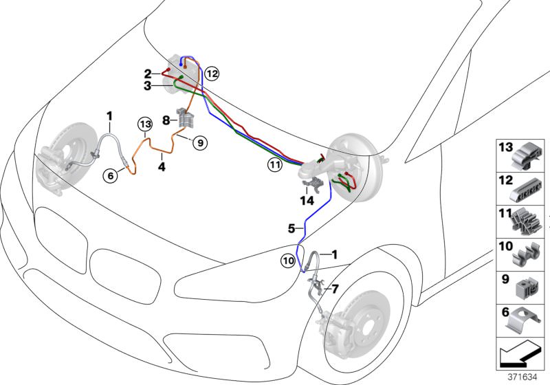 Illustration du Tuyau de frein avant pour les BMW X Série Modèles  Pièces de rechange d'origine BMW du catalogue de pièces électroniques (ETK) pour véhicules automobiles BMW (voiture)   Brake hose front, Brake pipe bracket, Cable clip, Clip, Holder, brake