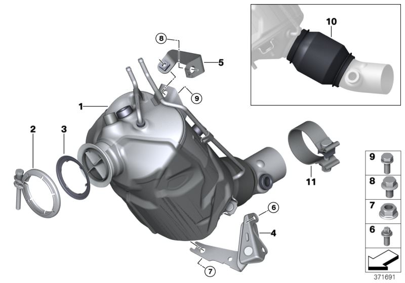 Picture board Catalyser/Diesel particulate filter for the BMW 3 Series models  Original BMW spare parts from the electronic parts catalog (ETK) for BMW motor vehicles (car)   ASA-Bolt, Decoupling element, EXCH-Diesel particulate filter, Gasket, Hex Bolt, 