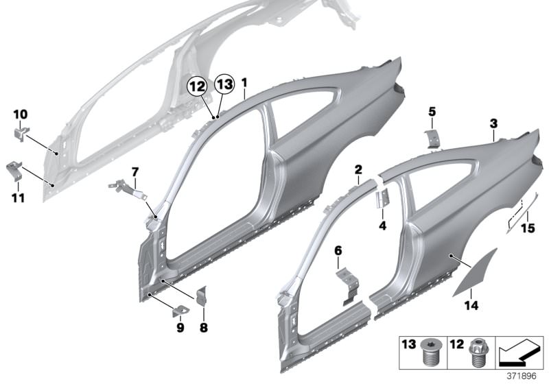 Picture board BODY-SIDE FRAME for the BMW 4 Series models  Original BMW spare parts from the electronic parts catalog (ETK) for BMW motor vehicles (car)   Bracket, side panel column A, Bracket, side panel, bottom, Bracket, side panel, top right, Bracket, 