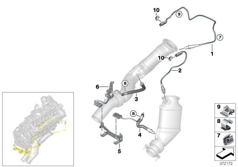 Picture board Lambda Probe Fixings for the BMW 3 Series models  Original BMW spare parts from the electronic parts catalog (ETK) for BMW motor vehicles (car)   Cable holder, Clip, Holder, Lambda Monitor sensor, REGULATING LAMBDA PROBE, Stabilizer link