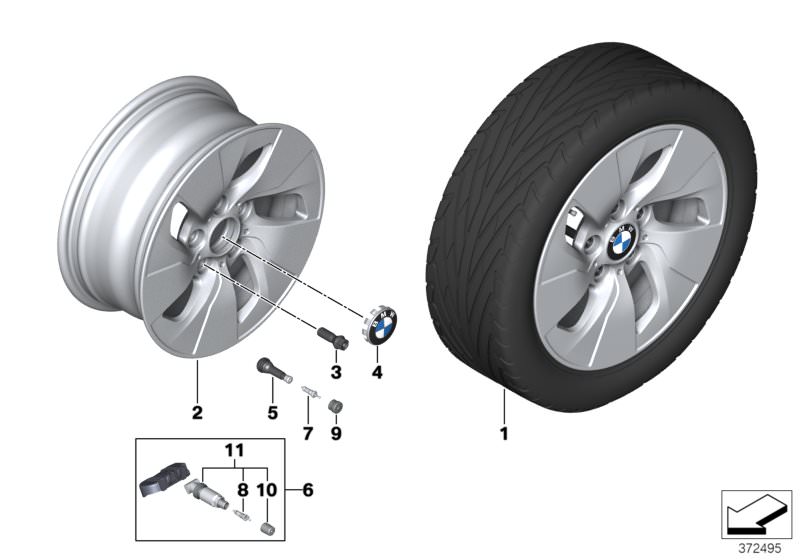Picture board BMW LA wheel, turbine styling 406 - 16´ for the BMW 1 Series models  Original BMW spare parts from the electronic parts catalog (ETK) for BMW motor vehicles (car)   Disc wheel, light alloy, Orbitgrey, Hub cap with chrome edge, Repair kit, sc
