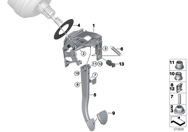 Bildtafel Fusshebelwerk Doppelkupplungsgetriebe für die BMW 3er Modelle  Original BMW Ersatzteile aus dem elektronischen Teilekatalog (ETK) für BMW Kraftfahrzeuge( Auto)    Bolzen Bremspedal, Bremslichtschalter, Bremspedal, Bundmutter selbstsichernd, Dich