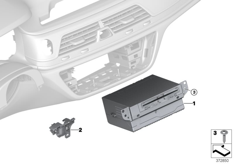 Picture board Headunit High 2 for the BMW 7 Series models  Original BMW spare parts from the electronic parts catalog (ETK) for BMW motor vehicles (car)   Clip, Headunit High 2, Oval-head screw with washer