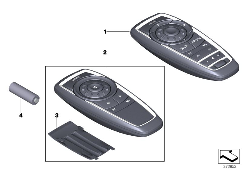Picture board Remote control, rear for the BMW 7 Series models  Original BMW spare parts from the electronic parts catalog (ETK) for BMW motor vehicles (car)   Battery, Battery cover, Rear remote control, audio, Remote control, rear
