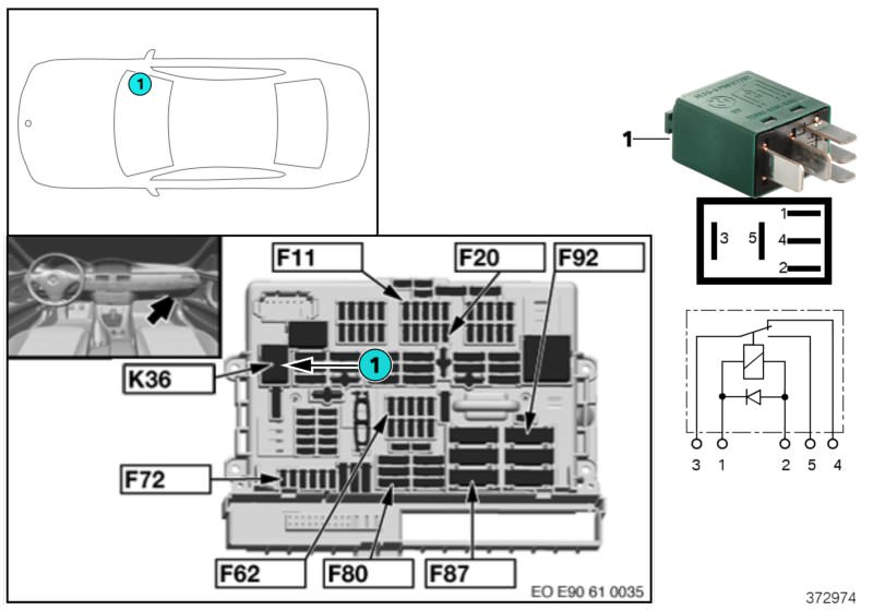 Picture board Relay, wiper 1 K36 for the BMW 3 Series models  Original BMW spare parts from the electronic parts catalog (ETK) for BMW motor vehicles (car)   Relay w/ changeover function, green