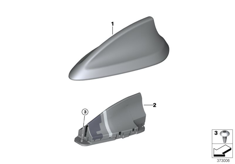 Picture board Single parts, antenna for the BMW 5 Series models  Original BMW spare parts from the electronic parts catalog (ETK) for BMW motor vehicles (car)   Empty housing for roof antenna, primed, Fillister head screw, Roof antenna