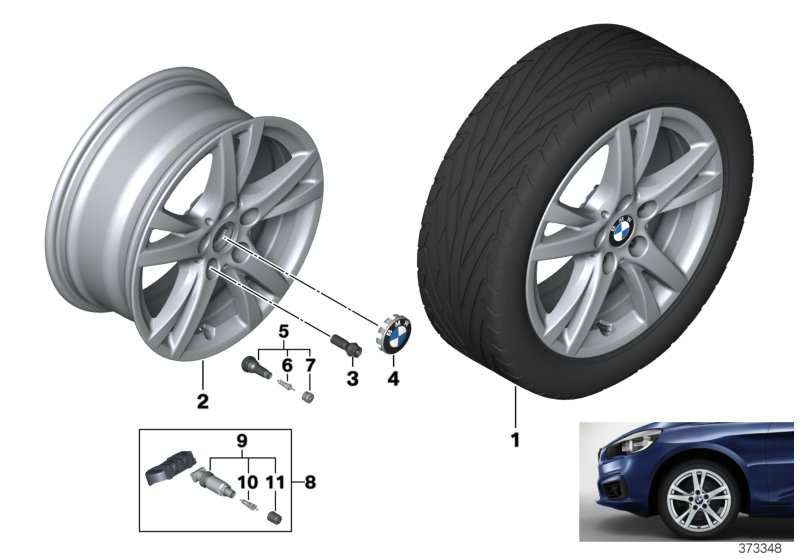 Picture board BMW LA wheel double spoke 473 - 16´´ for the BMW 2 Series models  Original BMW spare parts from the electronic parts catalog (ETK) for BMW motor vehicles (car)   Disc wheel, light alloy, reflex-silber, Hub cap with chrome edge, Repair kit, s