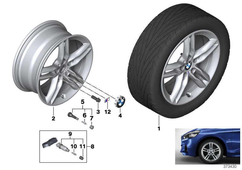 Picture board BMW LA wheel, M double spoke 483M - 17´´ for the BMW 2 Series models  Original BMW spare parts from the electronic parts catalog (ETK) for BMW motor vehicles (car)   Disc wheel, light alloy, decor-silber, Hub cap with chrome edge, M badge, R