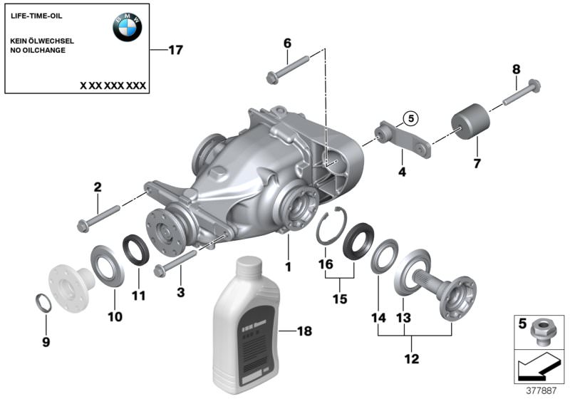 Picture board DIFFERENTIAL-DRIVE/OUTPUT for the BMW 3 Series models  Original BMW spare parts from the electronic parts catalog (ETK) for BMW motor vehicles (car)   BMW Synthetik OSP, Bracket, vibration absorber, Combination nut, Drive flange output, Dust