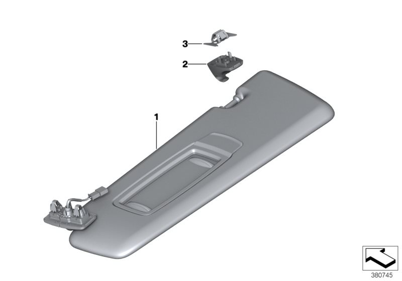 Bildtafel Sonnenblenden für die BMW X Modelle  Original BMW Ersatzteile aus dem elektronischen Teilekatalog (ETK) für BMW Kraftfahrzeuge( Auto)    Clip, Gegenlager Sonnenblende, Sonnenblende Folie mit Spiegel links