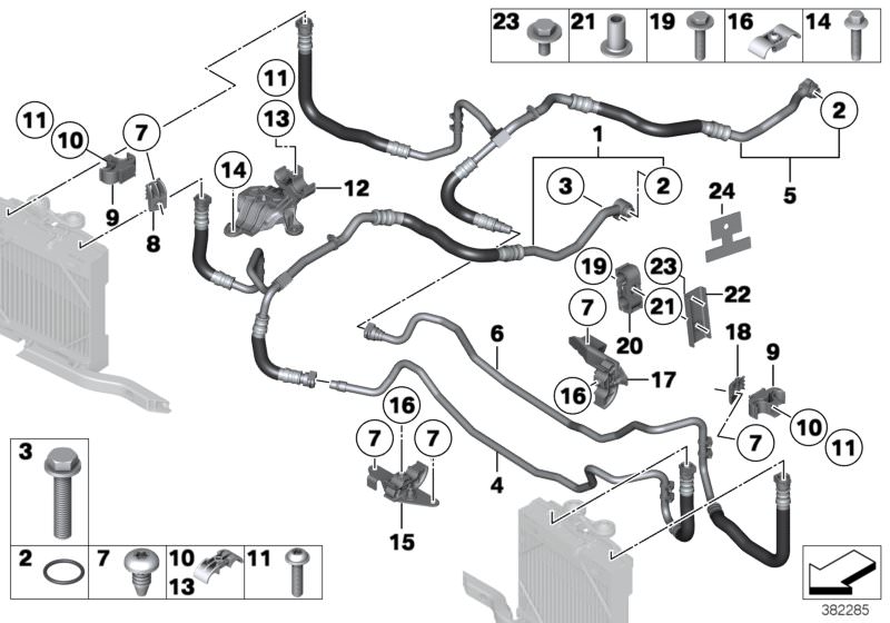 Bildtafel Motorölkühlerleitung für die BMW 7er Modelle  Original BMW Ersatzteile aus dem elektronischen Teilekatalog (ETK) für BMW Kraftfahrzeuge( Auto)    Abstandshülse, Clip, Clip Oberteil, Halter Ölkühlerleitung, Halter Ölleitung, Leitungsclip, Linsens