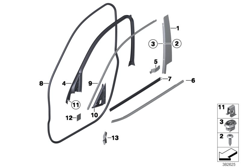 Picture board Trims and seals, door, front for the BMW X Series models  Original BMW spare parts from the electronic parts catalog (ETK) for BMW motor vehicles (car)   Channel cover,exterior,door, front left, Channel sealing,inside,door, front right, Clip