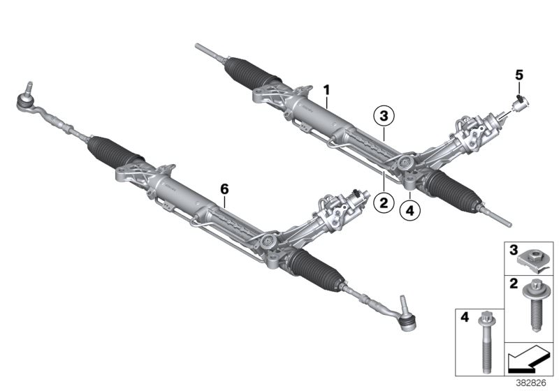 Picture board Hydro steering box for the BMW 5 Series models  Original BMW spare parts from the electronic parts catalog (ETK) for BMW motor vehicles (car)   ASA-Bolt, Exchange hydro steering gear, Hex nut, Hydro steering box, Screw, self tapping, Torque 