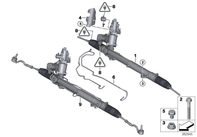 Picture board Hydro steering box-Active steering (AFS) for the BMW X Series models  Original BMW spare parts from the electronic parts catalog (ETK) for BMW motor vehicles (car)   Exch hydro steering gear,active steering, Hex Bolt, Power steering gear, ac