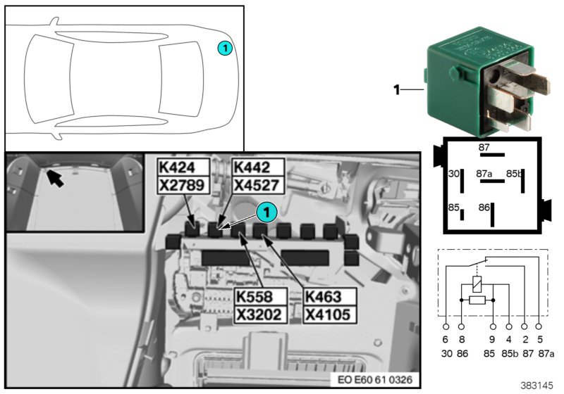 Picture board Relay, radio K442 for the BMW 5 Series models  Original BMW spare parts from the electronic parts catalog (ETK) for BMW motor vehicles (car)   Relay, change-over contact, pine green