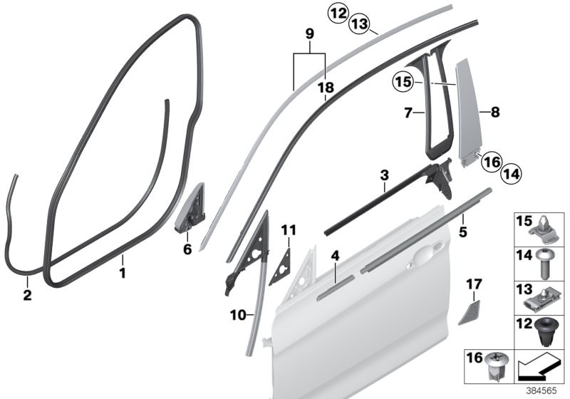 Picture board Trims and seals, door, front for the BMW 3 Series models  Original BMW spare parts from the electronic parts catalog (ETK) for BMW motor vehicles (car)   Channel cover, short, outer right, Channel cover,exterior,door, front right, Channel se
