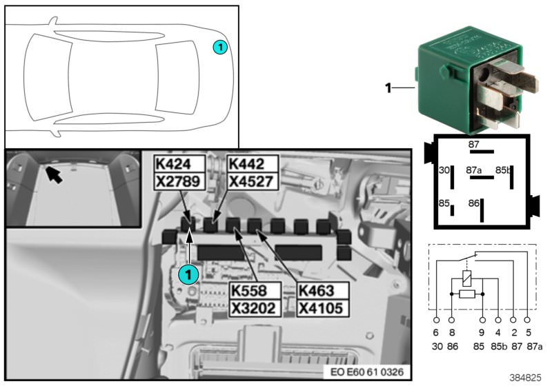 Picture board Relay, gun mount K424 for the BMW 5 Series models  Original BMW spare parts from the electronic parts catalog (ETK) for BMW motor vehicles (car)   Relay, change-over contact, pine green