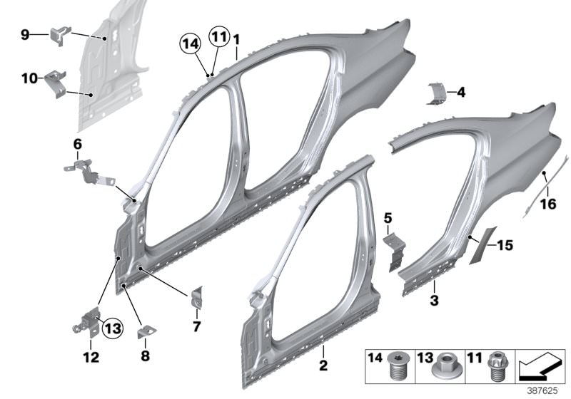 Picture board BODY-SIDE FRAME for the BMW 3 Series models  Original BMW spare parts from the electronic parts catalog (ETK) for BMW motor vehicles (car)   Bracket, side panel column A, Bracket, side panel, bottom, Bracket, side panel, top left, Bracket, w