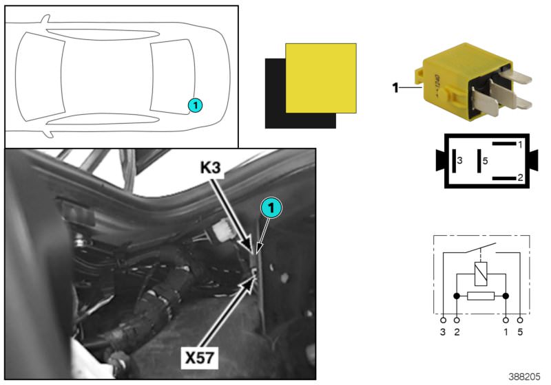 Picture board Relay, load-shedding terminal K3 for the BMW 7 Series models  Original BMW spare parts from the electronic parts catalog (ETK) for BMW motor vehicles (car)   Minirelay, make contact, yellow