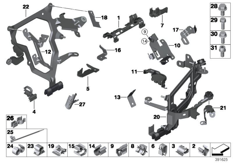 Picture board Cable harness fixings for the BMW 7 Series models  Original BMW spare parts from the electronic parts catalog (ETK) for BMW motor vehicles (car)   Bracket, Cable clamp, Cable clip, Cable holder, Cable tie, Clip, Fixing clamp, Guide unit, Hex