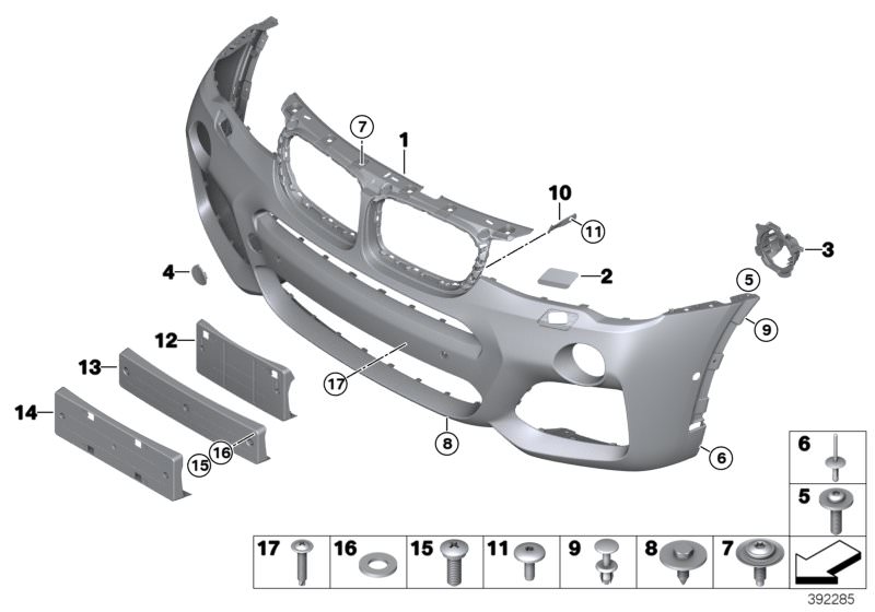 Illustration du Habillage M avant pour les BMW X Série Modèles  Pièces de rechange d'origine BMW du catalogue de pièces électroniques (ETK) pour véhicules automobiles BMW (voiture)   Adapter, fog light, halogen, right, Bracket, right, Cover, towing eye, p