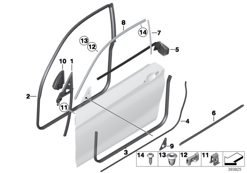 Picture board Trims and seals, door, front for the BMW 1 Series models  Original BMW spare parts from the electronic parts catalog (ETK) for BMW motor vehicles (car)   Channel sealing,inside,door, front left, Channel sealing,outside,door, front rght, Clip
