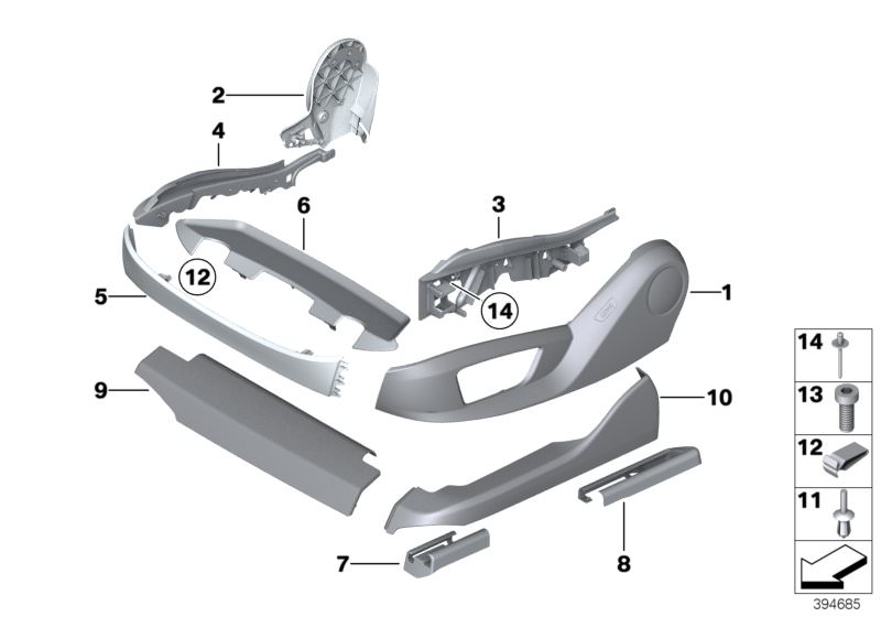 Picture board SEAT FRONT SEAT COVERINGS for the BMW 7 Series models  Original BMW spare parts from the electronic parts catalog (ETK) for BMW motor vehicles (car)   Blind rivet, Clamp, Cover, seat, top, Expanding rivet, Fastening, cover, inner right, Fast