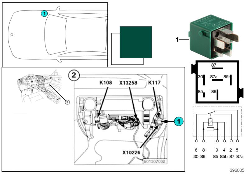 Picture board Relay, tailgate lock K117 for the BMW Classic parts  Original BMW spare parts from the electronic parts catalog (ETK) for BMW motor vehicles (car)   Relay, change-over contact, pine green