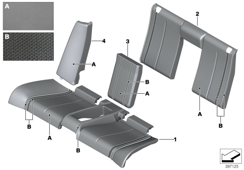 Illustration du Garniture Individual cuir siège arrière pour les BMW 4 Série Modèles  Pièces de rechange d'origine BMW du catalogue de pièces électroniques (ETK) pour véhicules automobiles BMW (voiture)   Cover backrest, leather, rear, Cover insert leathe