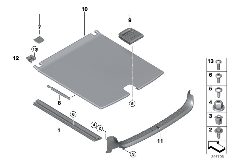 Bildtafel Verkleidung Gepäckraumboden für die BMW X Modelle  Original BMW Ersatzteile aus dem elektronischen Teilekatalog (ETK) für BMW Kraftfahrzeuge( Auto)    Abdeckung Scharnier, Auflage Gepäckraumboden links, Blende Ladekante, Einsteckmutter, Flachkop