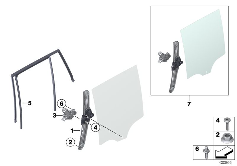 Illustration du DOOR WINDOW LIFTING MECHANISM REAR pour les BMW X Série Modèles  Pièces de rechange d'origine BMW du catalogue de pièces électroniques (ETK) pour véhicules automobiles BMW (voiture)   Drive for window lifter, left, Hex nut, Power window re