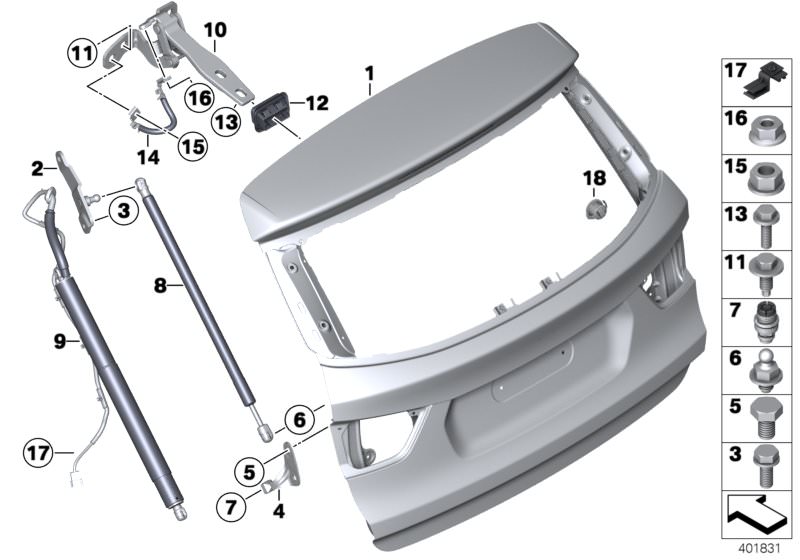 Picture board Trunk lid for the BMW X Series models  Original BMW spare parts from the electronic parts catalog (ETK) for BMW motor vehicles (car)   Ball pin, BRACKET LOWER LEFT, Bracket, plug connection black, Earth strap, hinge/trunk lid, Flange nut, Ga