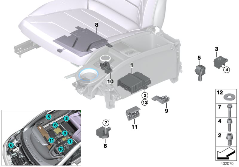 Picture board Electric parts, airbag for the BMW i Series models  Original BMW spare parts from the electronic parts catalog (ETK) for BMW motor vehicles (car)   Accelerating sensor, Control unit airbag, Hex Bolt with washer, ISA screw, Magnet, seat posit