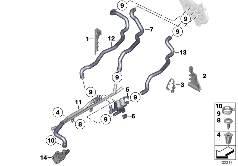 Picture board Cooling water hoses for the BMW 7 Series models  Original BMW spare parts from the electronic parts catalog (ETK) for BMW motor vehicles (car)   Additional water pump, Coolant return pipe, Expanding nut, Fillister head screw, Grommet bottom 