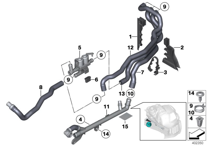 Illustration du Tuyaux d`eau de refroidissement pour les BMW 5 Série Modèles  Pièces de rechange d'origine BMW du catalogue de pièces électroniques (ETK) pour véhicules automobiles BMW (voiture)   Coolant return pipe, Expanding nut, Fillister head screw, 