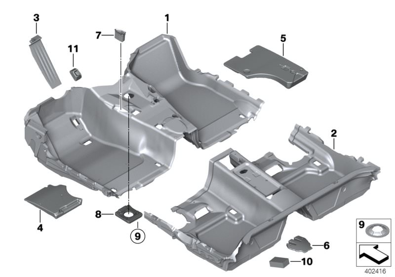 Picture board Floor covering for the BMW 3 Series models  Original BMW spare parts from the electronic parts catalog (ETK) for BMW motor vehicles (car)   Axial securing clip, Filler element, floor, rear, Floor covering, rear, Floor trim, front, Foam inser