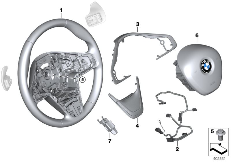 Picture board Sport strng wheel,leather, shift paddles for the BMW 2 Series models  Original BMW spare parts from the electronic parts catalog (ETK) for BMW motor vehicles (car)   Airbag module, driver´s side, connecting line, steering wheel, Cover, steer