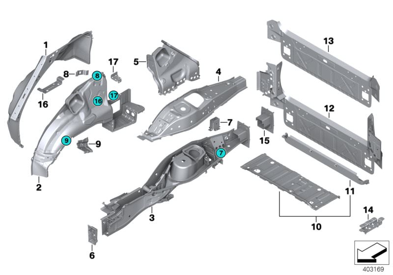 Picture board REAR WHEELHOUSE/FLOOR PARTS for the BMW X Series models  Original BMW spare parts from the electronic parts catalog (ETK) for BMW motor vehicles (car)   BRACKET PLUG CONNECTION RIGHT, C-pillar reinforcement, right, Cross member, trunk floor 