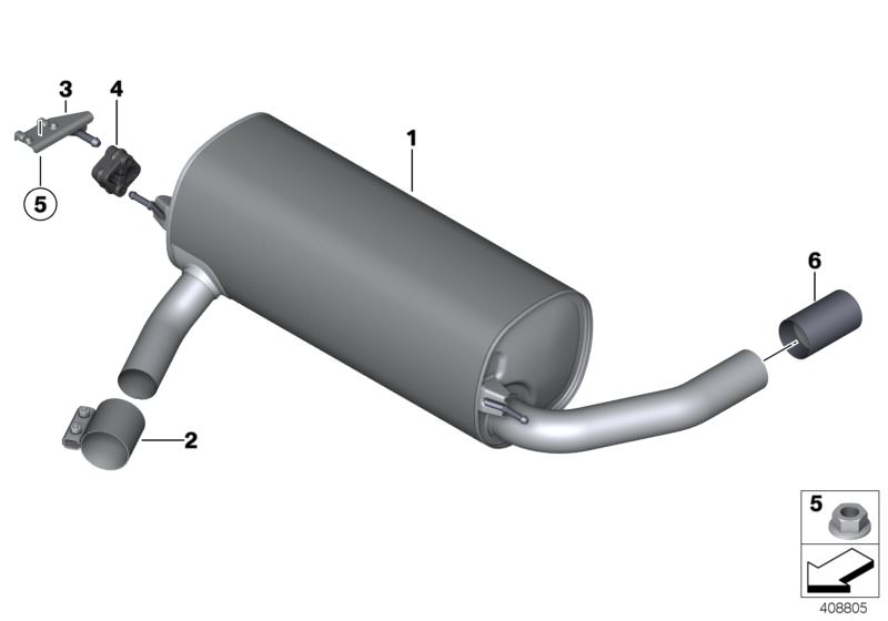 Picture board Exhaust system, rear for the BMW 4 Series models  Original BMW spare parts from the electronic parts catalog (ETK) for BMW motor vehicles (car)   Bracket, rear silencer right, CLAMPING BUSH, Hex nut, Rear silencer, Rubber mounting, Tailpipe 