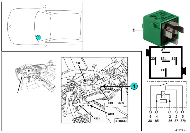 Picture board Relay, double relay module N21 for the BMW Classic parts  Original BMW spare parts from the electronic parts catalog (ETK) for BMW motor vehicles (car)   Relay, two-pole make contact, black