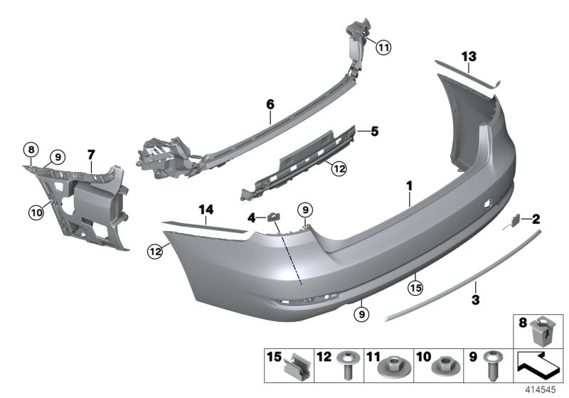Picture board Trim panel, rear for the BMW 3 Series models  Original BMW spare parts from the electronic parts catalog (ETK) for BMW motor vehicles (car)   Clamp, Combination nut, Expanding nut, Fillister head screw, Flap, towing eye, primed, rear, Guide 