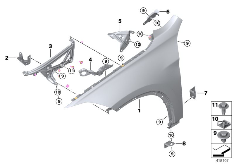 Picture board Side panel, front for the BMW X Series models  Original BMW spare parts from the electronic parts catalog (ETK) for BMW motor vehicles (car)   Body nut, Bracket for gas spring, right, Bracket, side panel column A, Bracket, side panel, bottom