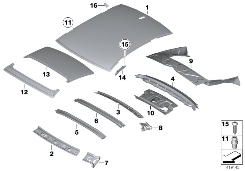 Picture board Roof for the BMW 7 Series models  Original BMW spare parts from the electronic parts catalog (ETK) for BMW motor vehicles (car)   Connection, cowl panel, lateral right, Connection, rear-window frame, top right, Front roof panel, Hex bolt wit
