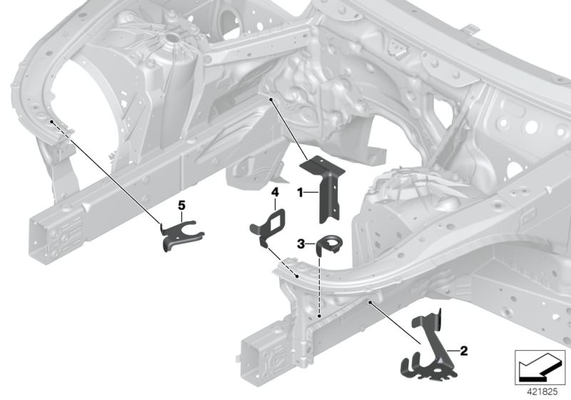 Picture board FRONT BODY BRACKET for the BMW 5 Series models  Original BMW spare parts from the electronic parts catalog (ETK) for BMW motor vehicles (car)   Bracket, intake silencer, Covering panel for engine beam right, Holder, brake hose, right, Holder