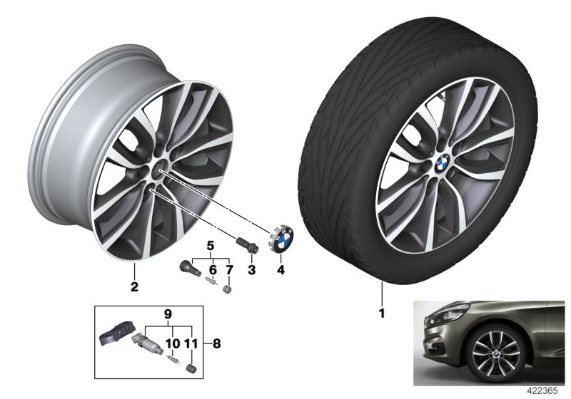 Picture board BMW LA wheel V-spoke 485 - 18´´ for the BMW 2 Series models  Original BMW spare parts from the electronic parts catalog (ETK) for BMW motor vehicles (car)   Hub cap with chrome edge, Light alloy rim Ferricgrey, Repair kit, screw-type valve R